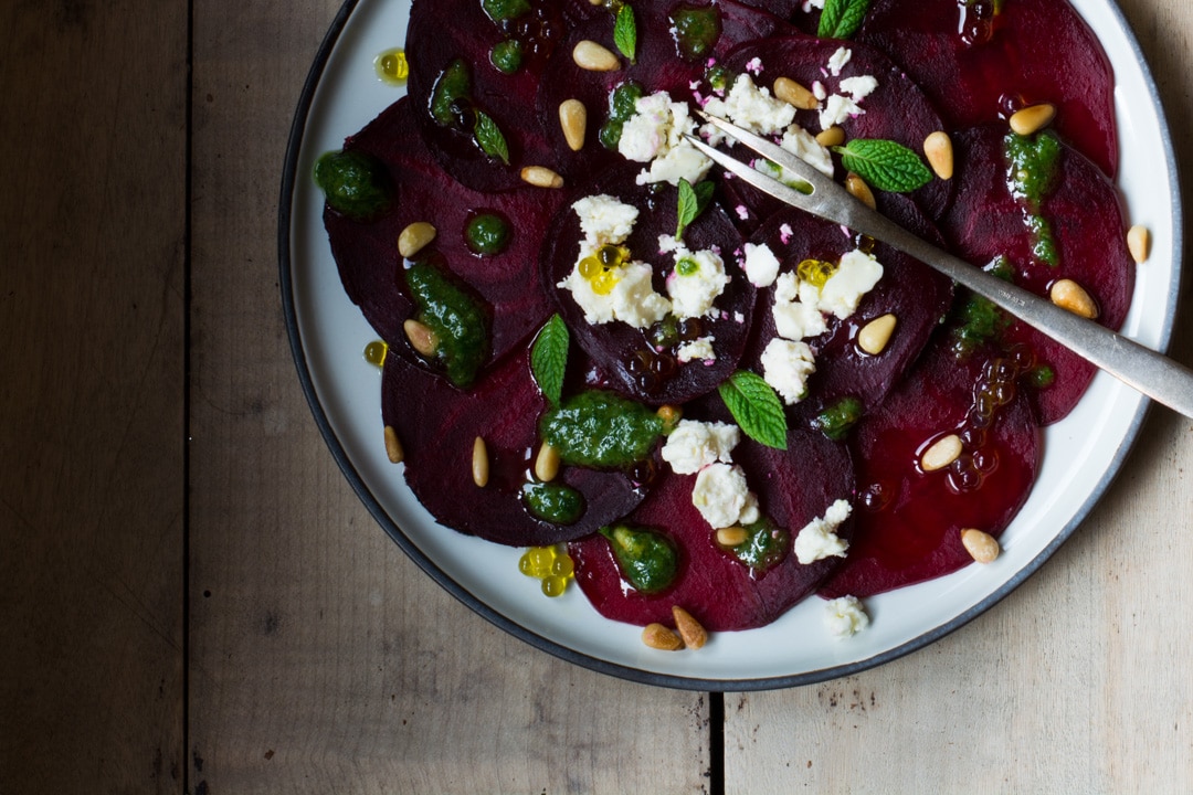 5 min. beetroot carpaccio with basil pesto